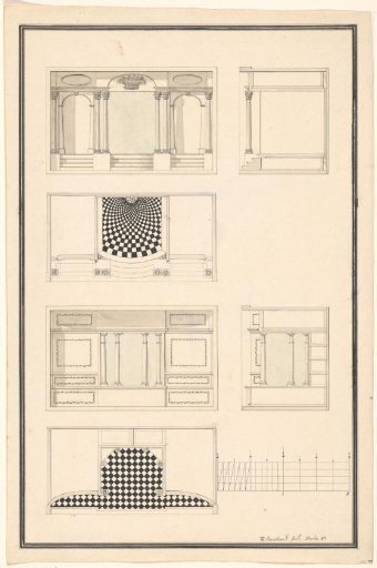 Interior of the upper part of two secretaries, both in front and side view with a cross-section below