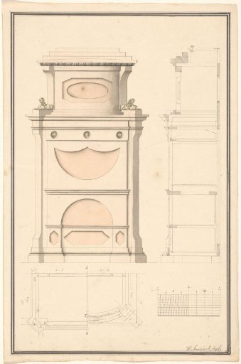 Secretary with two sphinxes, front and side view with a cross-section divided in two below