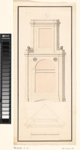 Corner cabinet with two lions, front view with a cross-section below