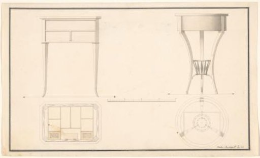 A rectangular and a round sewing table, with a cross-section below each