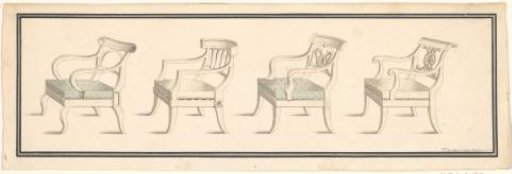 Four armchairs with upholstered seats, seen from the left