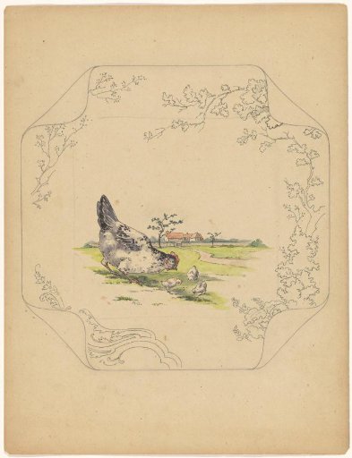 Design for a Plate of the 'Square' Model with a Hen and Three Chicks