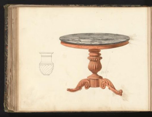 Design for a table and drawing of a vase-shaped connection
