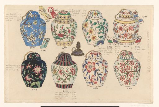 Eight lidded vases, with fragmentary indications of alternative colors or lids alongside