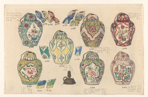 Seven lidded vases, with fragmentary indications of alternative colors or lids alongside
