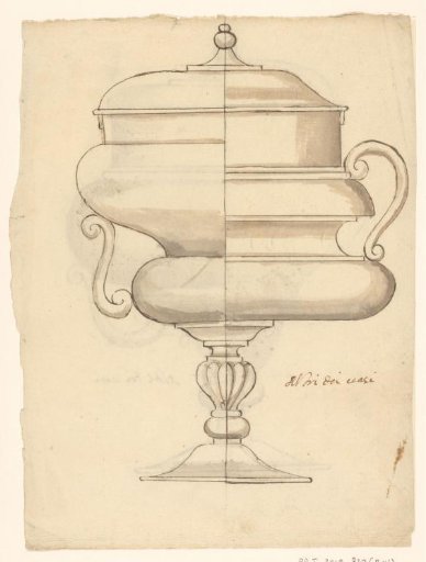 Sheet with an image on both sides of a covered goblet, probably of glass, with different solutions on the left and right