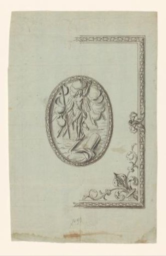 Design for a book clasp, with a medallion of the Resurrection of Christ and a lily in the corner