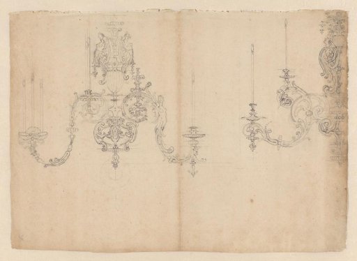 Design for a chandelier with three female figures and a jabot mask