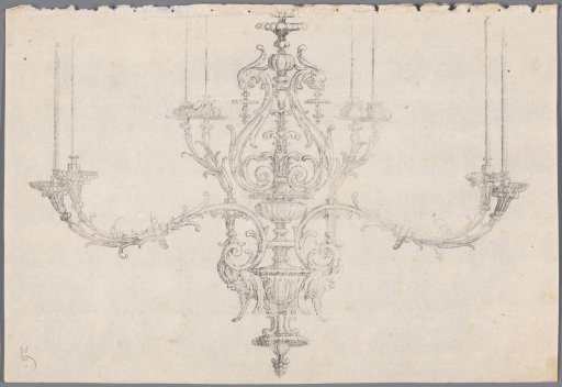 Print of a drawing of a chandelier with masks