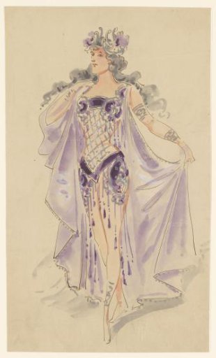 Female artist in a show costume with a purple cape