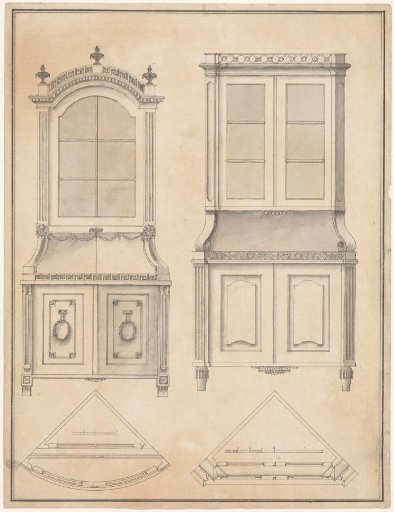 Design for two corner cabinets, with floor plans and a scale below