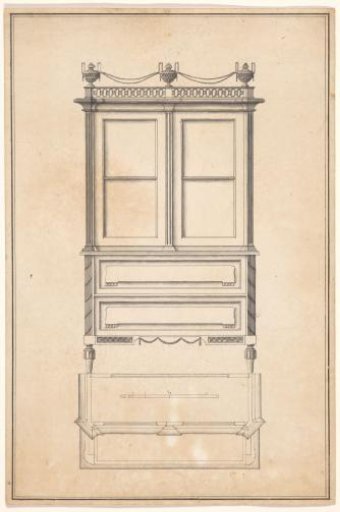 Design for a cabinet with two drawers and glazed doors above, with a floor plan and a scale below