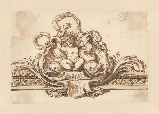 Pediment of a frame, with a sea god holding two dolphins by their tails