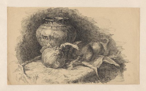 Still life with a pot and onions