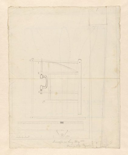 Design for a chair leg, and side and overhead views of a tool with a rotating handle