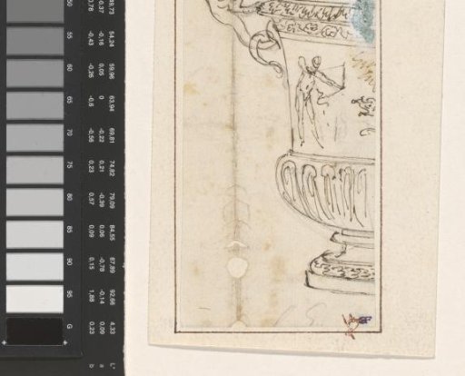 Design for the left half of a vase with a dragon-shaped handle and a bowman slaying a dragon