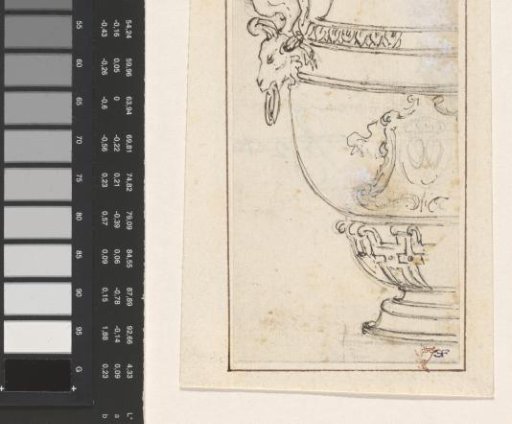 Design for the left half of a vase with a handle in the form of a naked woman sitting on a goat's head