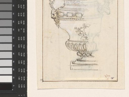 Design for the left half of a vase with a handle in the form of a sphinx standing on a bearded mask