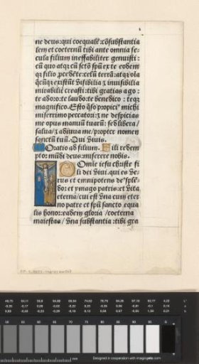 Leaf with handwriting and Christ on the Cross, possibly from a Book of Hours
