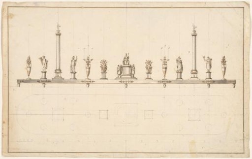 Surtout de table with columns, vases, antique gods, and trophies, with a map below
