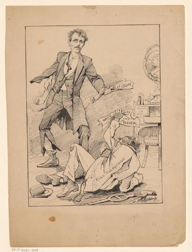 Hugo Nolthenius lying on the ground before a standing man waving a newspaper