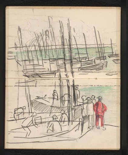 Fishermen in and beside their fishing boats at a quay