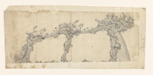 Left part (cut off) of a carriage with figures, garlands, and a plume