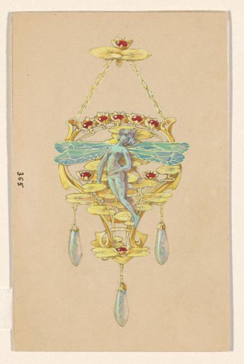 Design for a pendant with a woman with dragonfly wings, of gold, rubies, opals and enamel