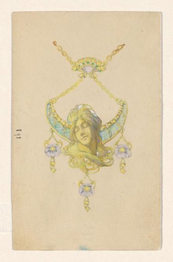 Design for a pendant with a sleeping female head and poppies, of enamelled gold