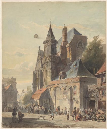 City view with a church building