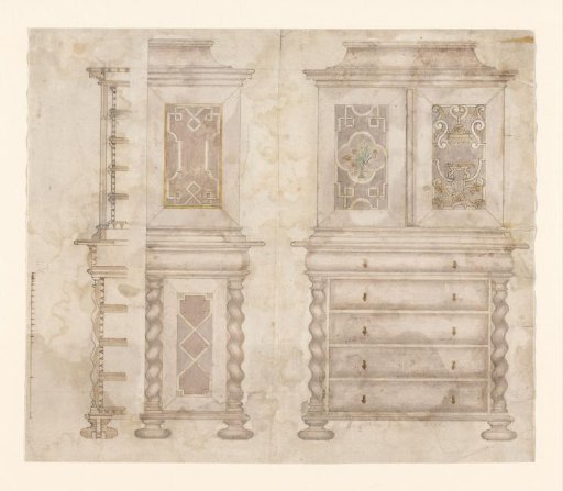Design for a collector's cabinet on a commode-shaped stand, with paper doors in the upper cabinet