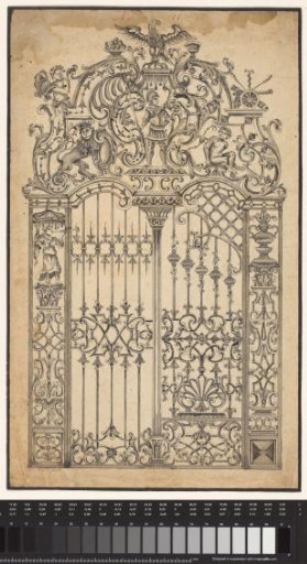 Design for a wrought-iron gate, with alternative solutions for left and right