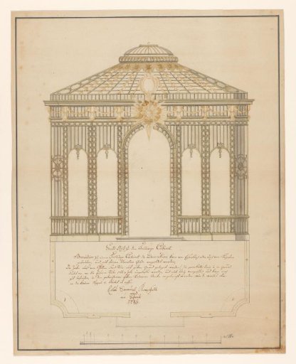 Design for a garden pavilion of partially gilded wrought iron, with a floor plan underneath