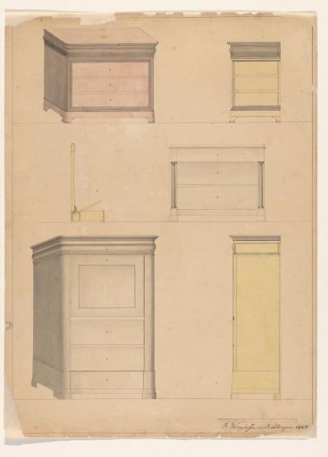 Design for a two-door chest of drawers with side view, a second chest of drawers with side view of a mechanism with a lever, and a secretaire with a side view.