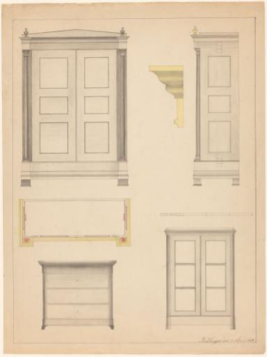 Design for a two-door wardrobe with floor plan and side view, a profile, a chest of drawers, and a second two-door wardrobe