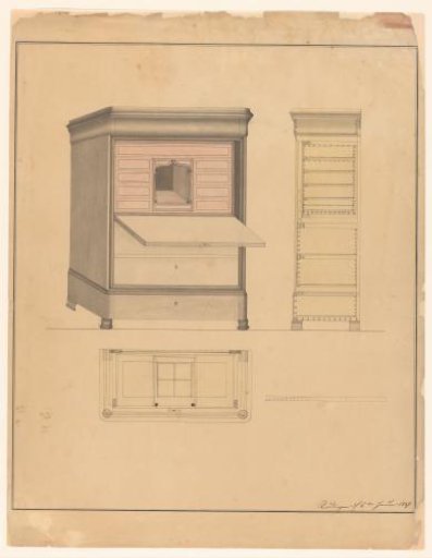 Design for a secretaire with floor plan and side view