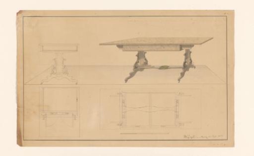 Design for a folding table with side view and floor plans below both views