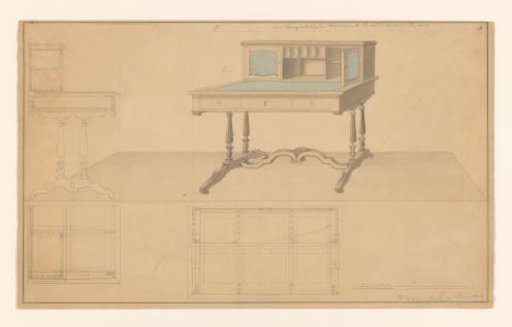 Design for a writing desk with a backboard, with side view and floor plans below both views