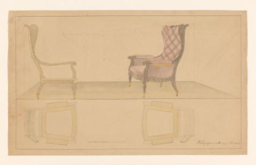 Design for an upholstered armchair with side panels and copper castor feet, with side view and floor plans below both views