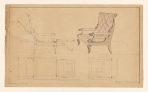 Design for an upholstered armchair with adjustable back and folding seat, with side view and floor plans below both views