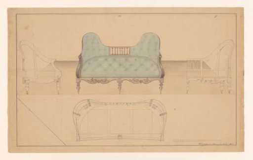 Design for an upholstered sofa, with a side view and a half-front view, both in the unupholstered state, and a floor plan