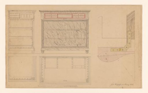 Design for a chest of drawers with a secretaire drawer, with side view and floor plans below both views, and a hinge to the right