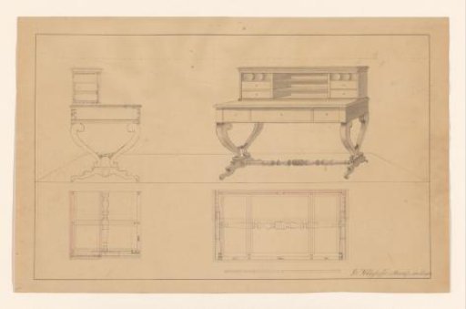 Design for a writing desk with a backboard, with side view and floor plans below both views