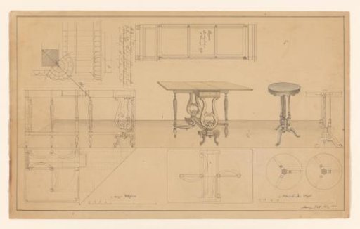 Side view of an étagère, design for a folding table with two side views and construction details, design for a round table with a frontal view, with floor plans below