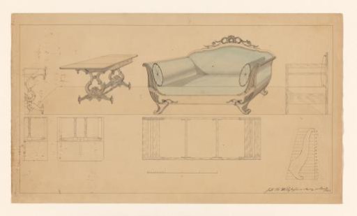 Design for a folding table and a sofa, both with side view and floor plans, and detail of a railing of the sofa