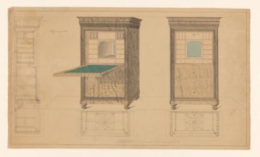 Design for a secretaire, side, three-quarter and frontal views, with floor plans below