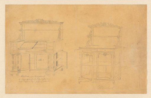 Design for a writing cabinet with bookcase and for a silver cabinet