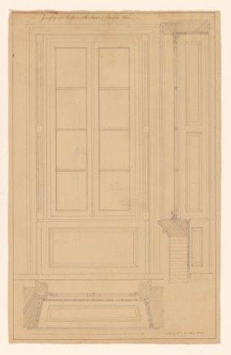 Design for a double window with wainscoting, with side view and floor plan