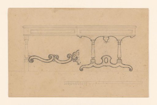 Design for a table, with a combined front and side view