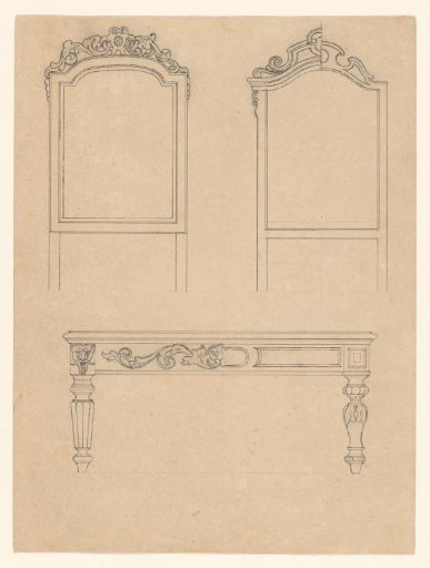 Design for two mirrors and a table, the right mirror and the table with alternatives for right and left